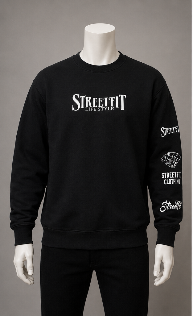 “STREETFIT.STYLE” HEAVYWEIGHT CREW NECK FLEECE SWEATER  - BLACK